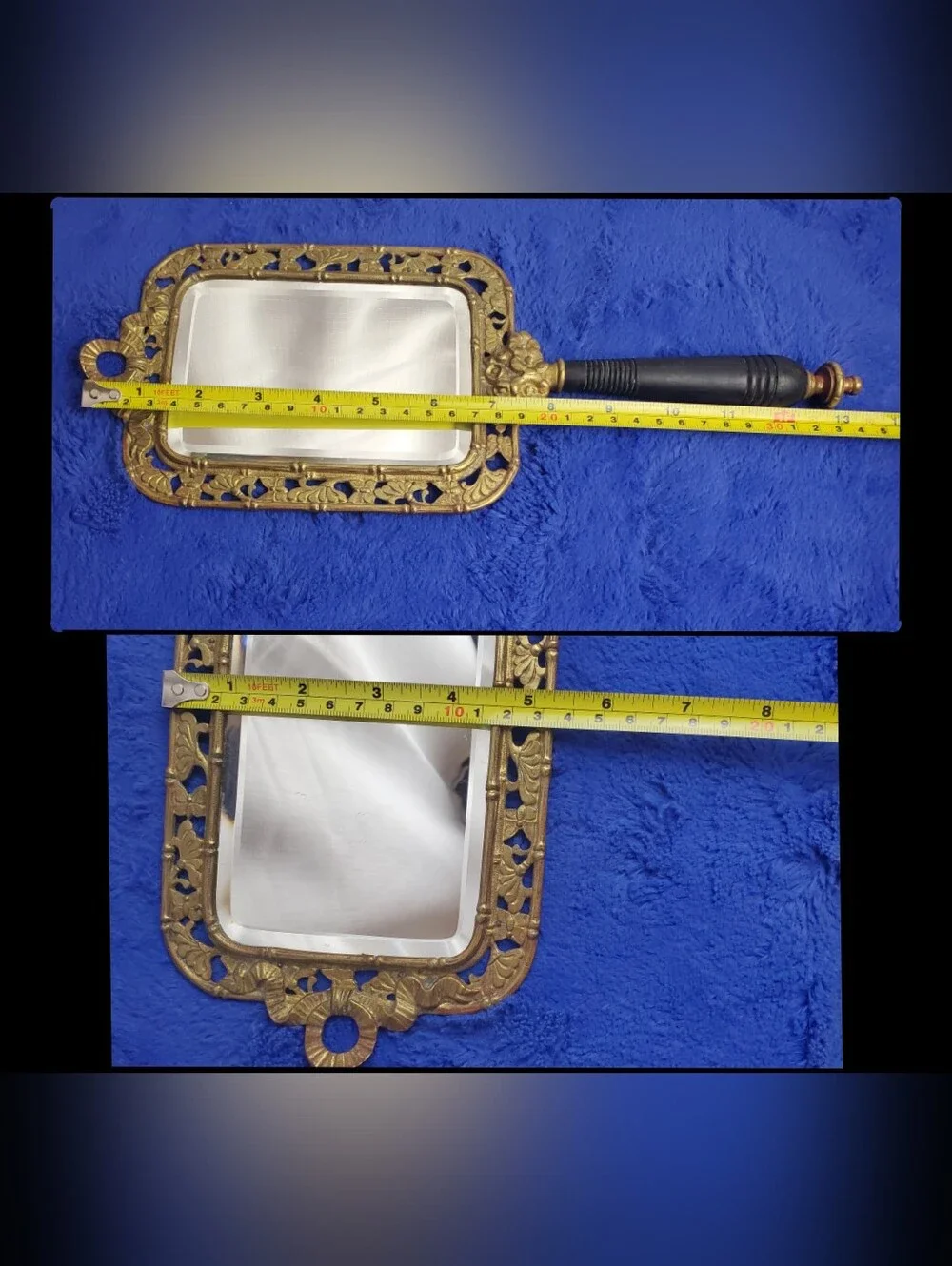Antique TOWNSHEND 19th Century Ornate Brass Vanity Hand Mirror W/ Ebony Handle